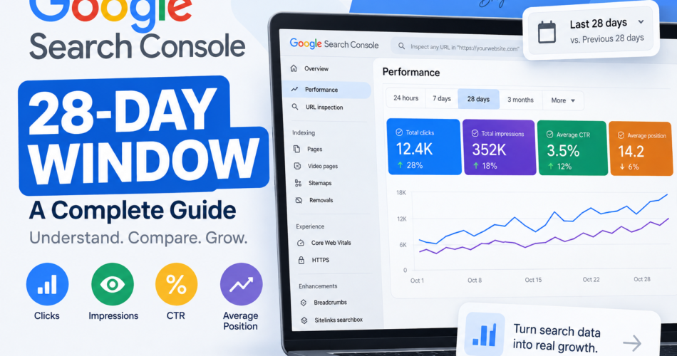 Google Search Console 28-day window showing SEO performance metrics